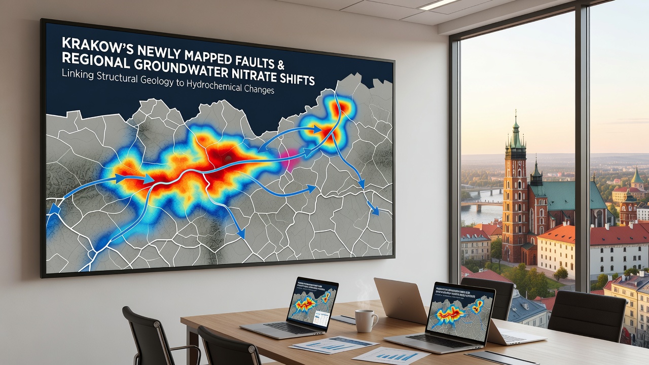 Cross-section diagram showing fault lines intersecting aquifer layers and nitrate concentration gradients in Krakow region