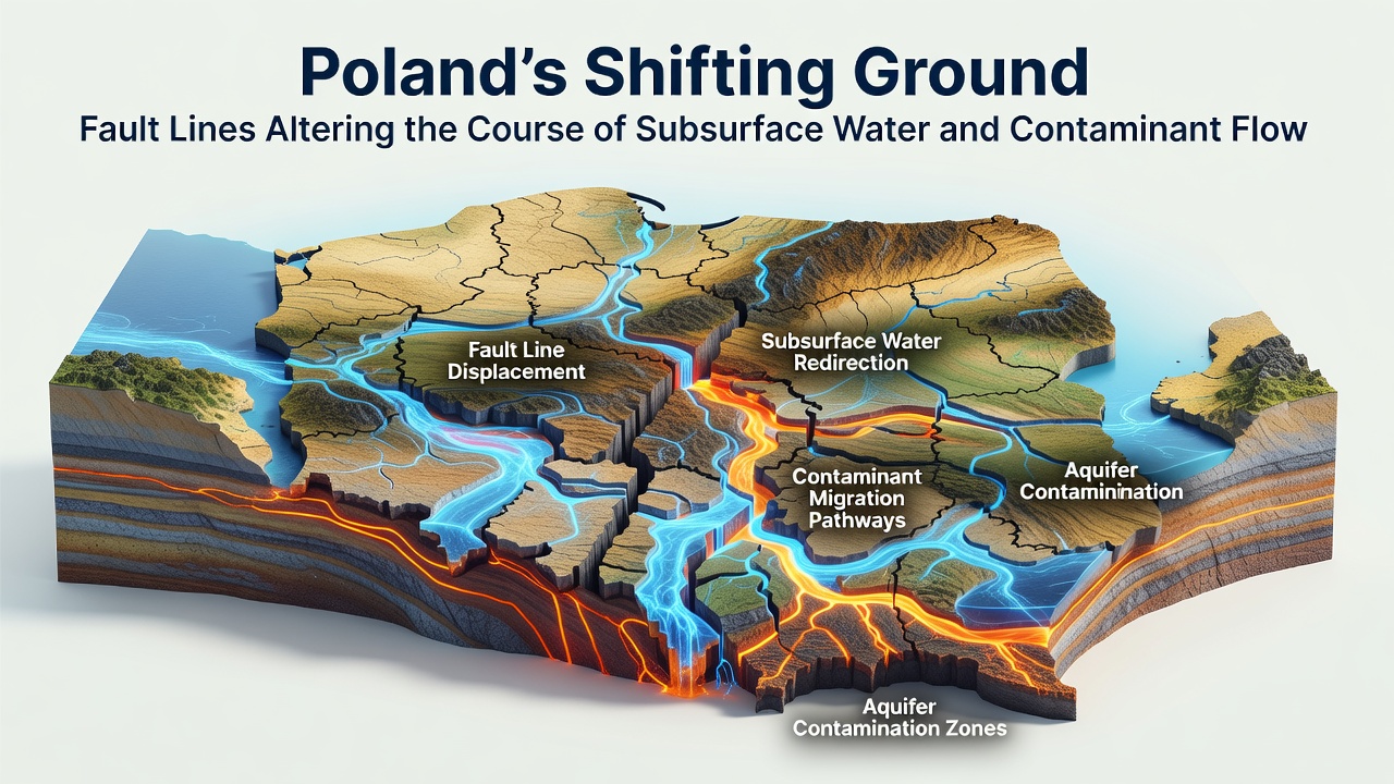 Cross-section diagram of fault-influenced groundwater movement and contaminant migration in Poland