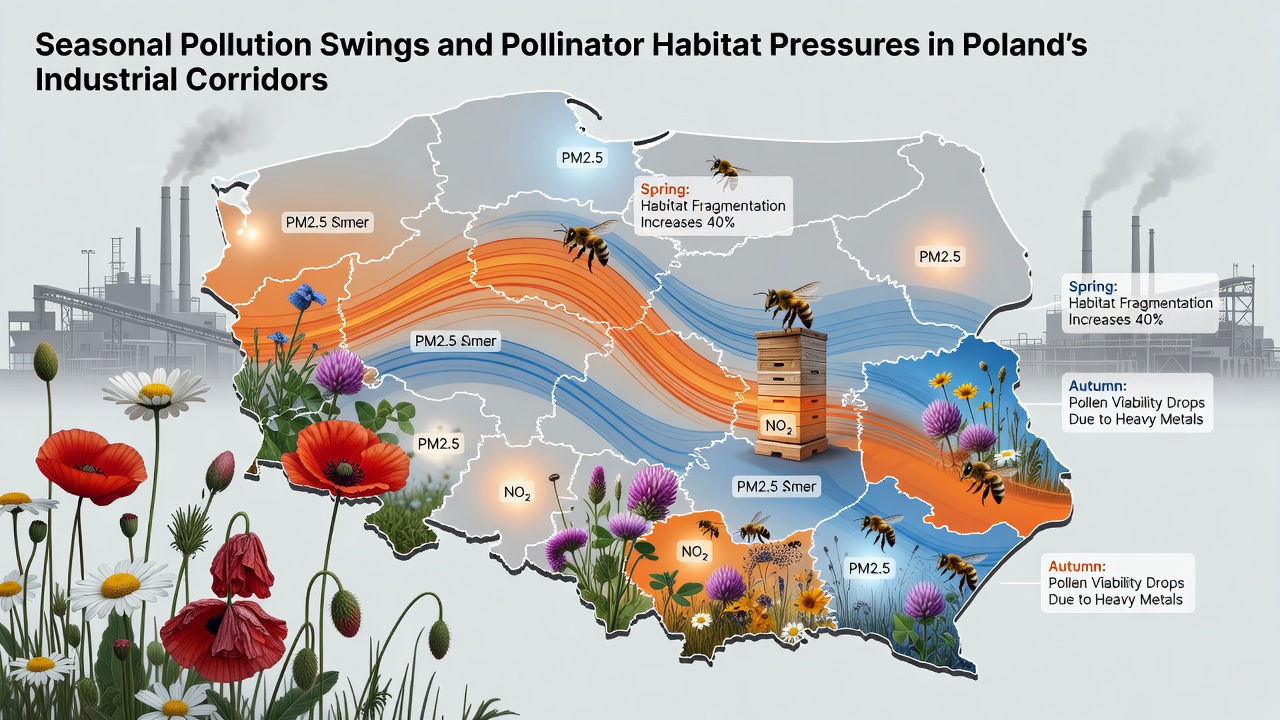 Close-up of pollinator activity on wildflowers near an industrial site in Poland during changing seasons
